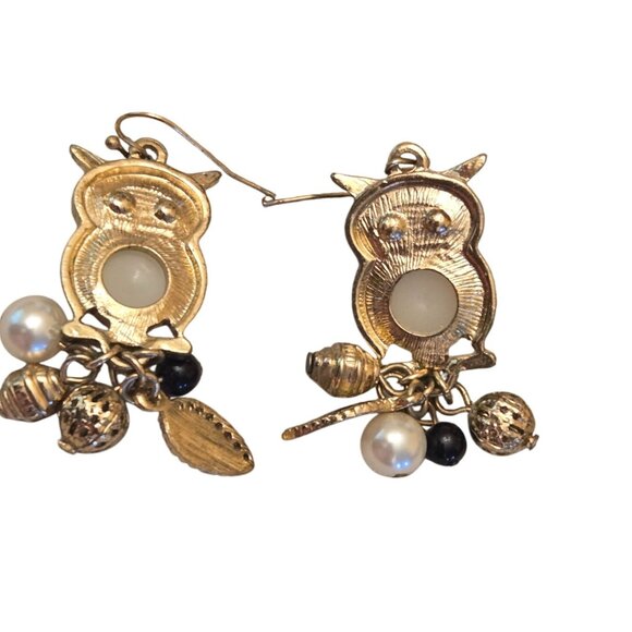 Owl Dangle Earrings Gold Tone Crystals Charms Faux Pearls - Picture 2 of 5